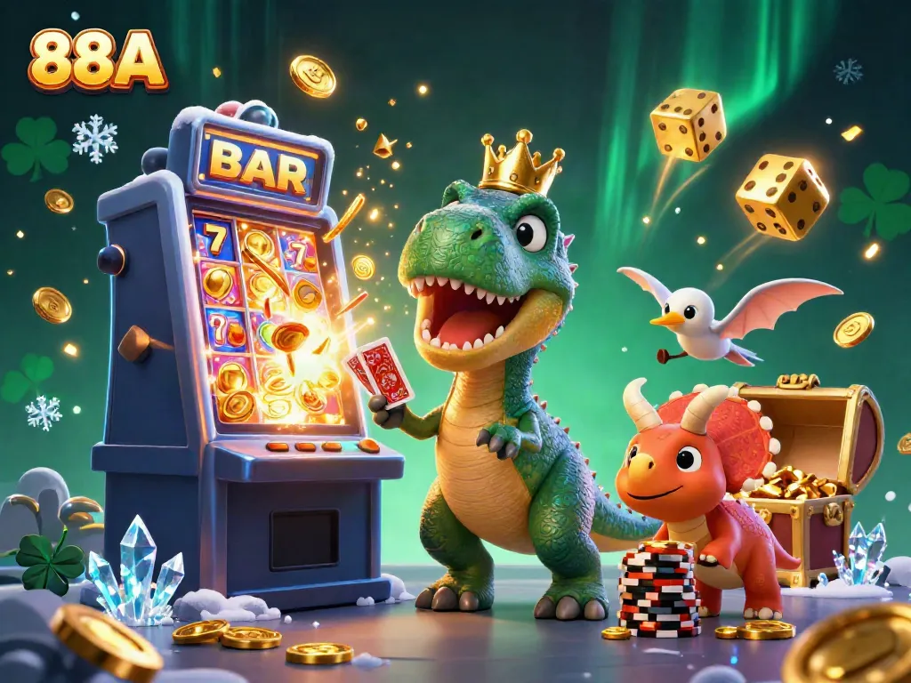 Experience excitement at 88AA with a friendly T-Rex and colorful casino themes in a dynamic 3D scene.