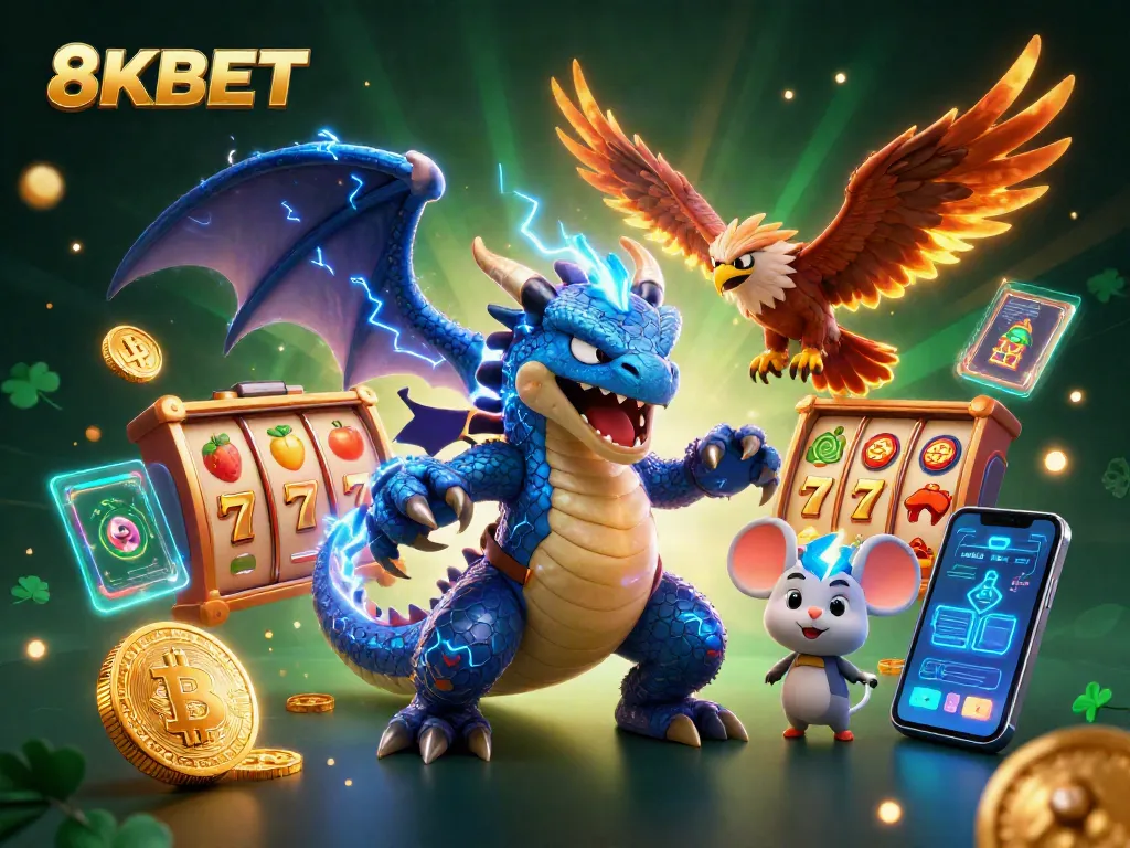 Players enjoy exciting 8XBET slots with electrifying characters and crypto elements in casino illustration.