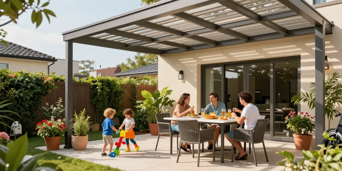 Familie unter Terrassenüberdachungen genießt sonnigen Tag im Garten mit stilvollen Möbeln.