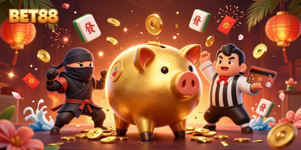 BET88 features a dynamic scene with a golden piggy bank sumo wrestler amidst a festive display of casino elements.