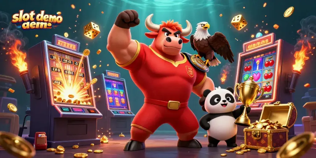 Permainan slot demo dengan karakter grafis yang menonjol, mesin slot yang meledak, dan efek koin berkilauan.