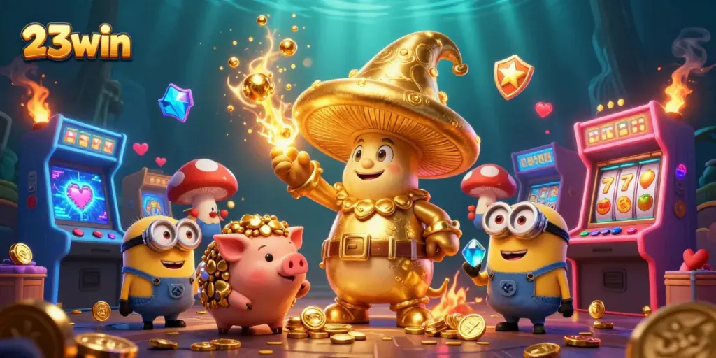 Experience the magic of 23win with golden mushroom wizard characters among rich casino elements