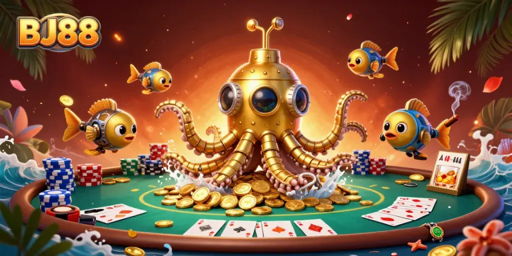 Experience thrilling wins at BJ88 with an engaging 3D casino scene filled with gold and poker elements.