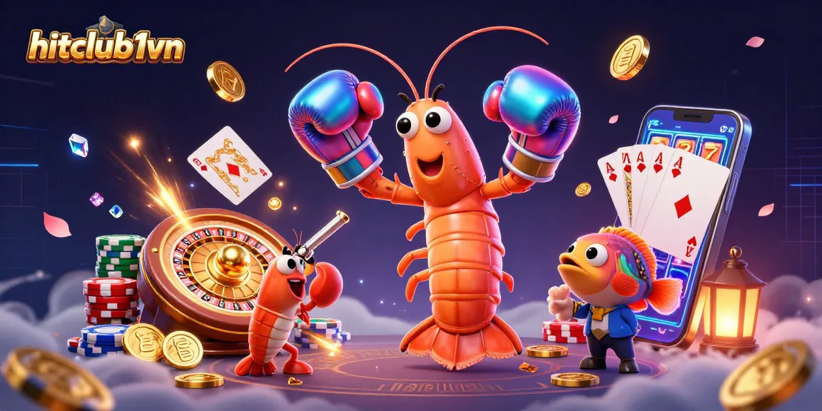 Experience hitclub1vn's thrilling casino scene with vibrant shrimps, gold coins, and dynamic gameplay elements.