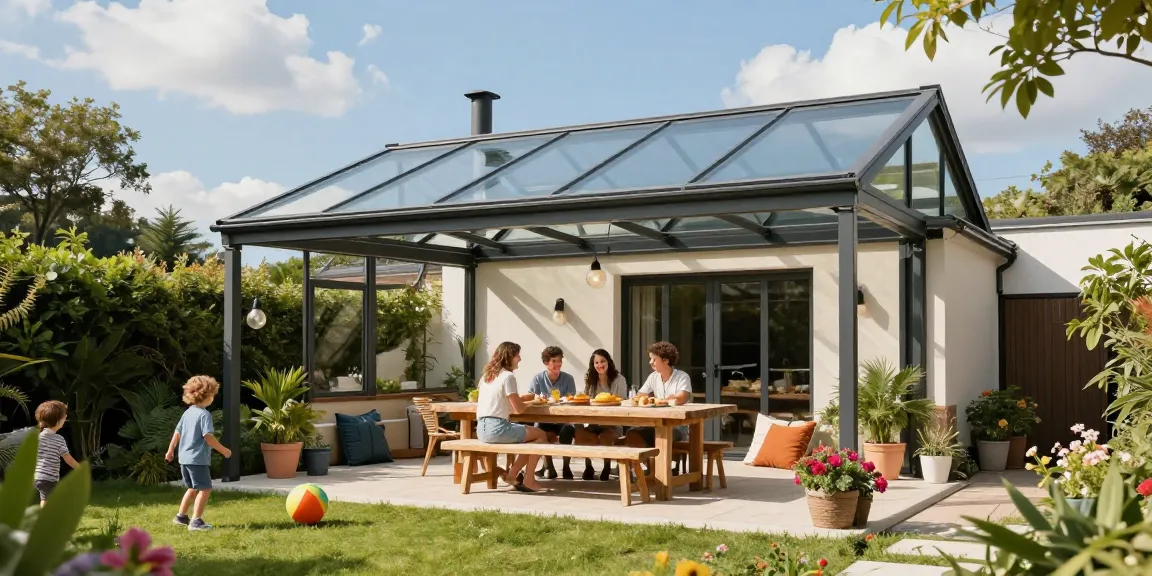 Freistehende Terrassenüberdachung im Garten mit Familie bei einem gemütlichen Essen unter dem Glasdach.