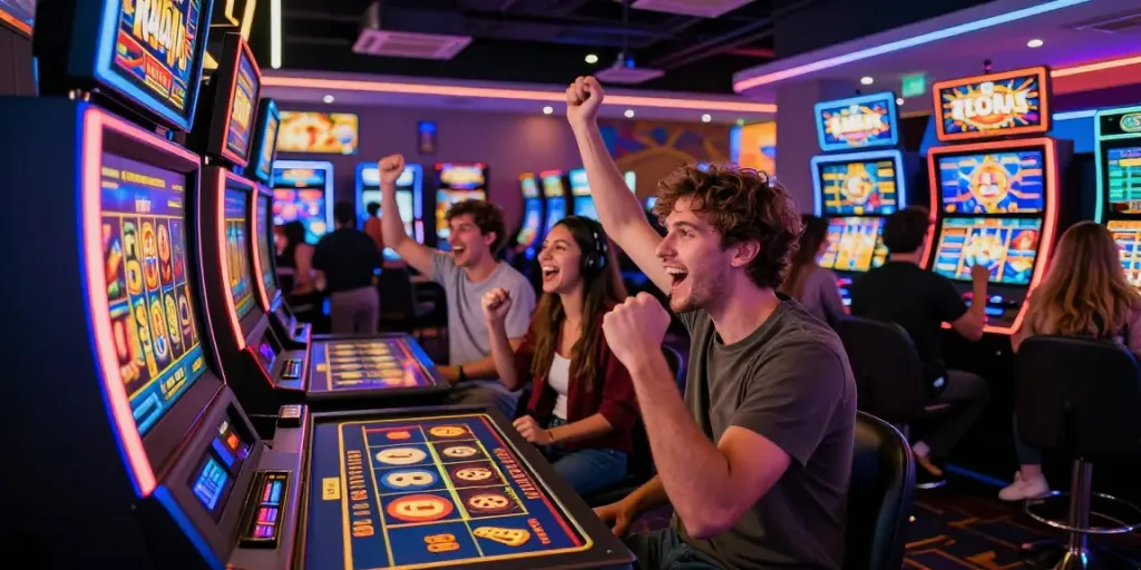 Excited players enjoying Raja Slot in a modern casino atmosphere filled with colorful gaming machines and vibrant lights.