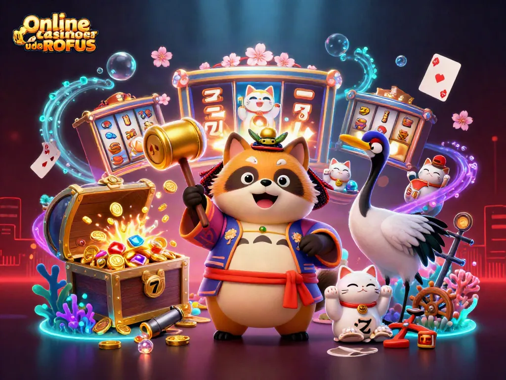 Experience thrilling gameplay with online casinoer uden ROFUS featuring lucky tanuki and vibrant casino elements.