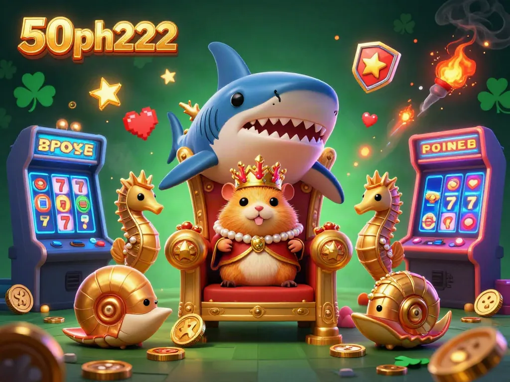 Experience the excitement at 50ph222 with engaging gaming elements and dynamic characters in this vibrant casino-themed illustration.