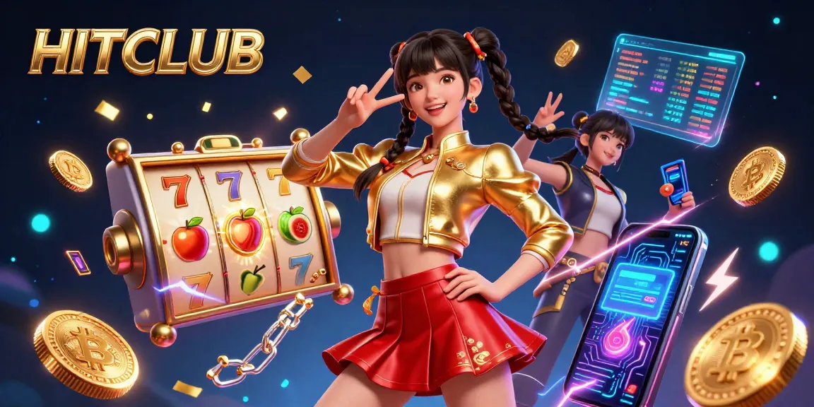 Experience thrilling gaming at HITCLUB with vibrant slot reels and cryptocurrency elements in this dynamic scene.