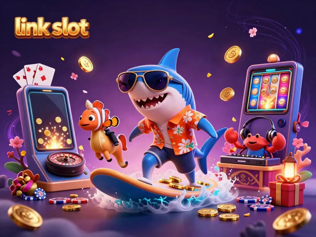 Engage with link slot at RUPIAHSLOT88, featuring a 3D shark, clownfish, and crab DJ.