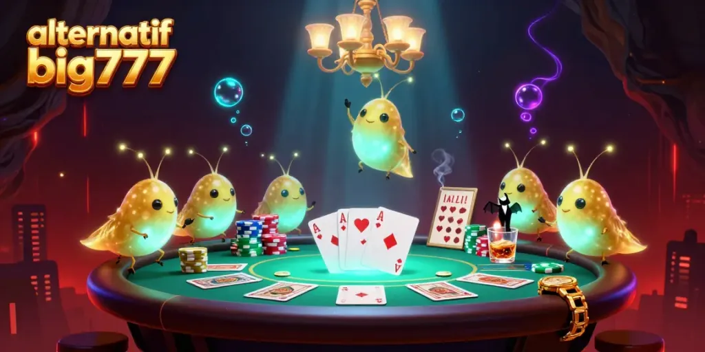 Experience thrilling action at alternatif big777 with vibrant glowworm-decorated casino elements and a bat dealer.