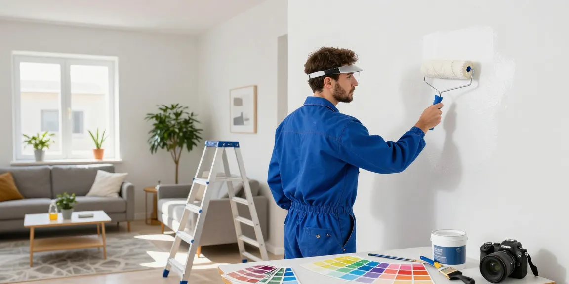 Günstige Malerarbeiten in Heidelberg: Professioneller Maler bei der Wandgestaltung in einem modern beleuchteten Wohnzimmer.