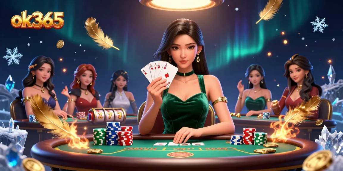Engage in thrilling poker at ok365 with a stunning Asian woman at a luxury table surrounded by golden elements.