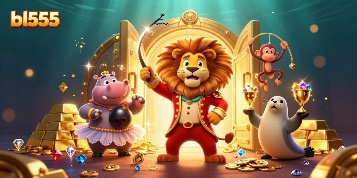 Win big at bl555 with a vibrant, 3D circus-themed casino illustration featuring fun characters.