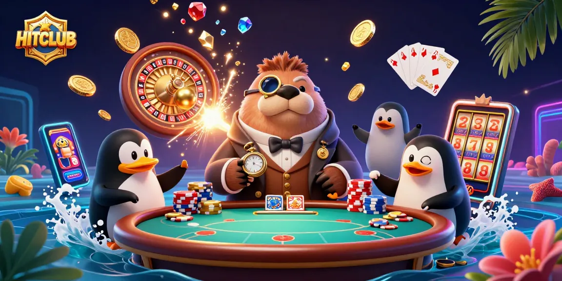 Engage in thrilling gameplay at HITCLUB with animated characters and shimmering casino elements.