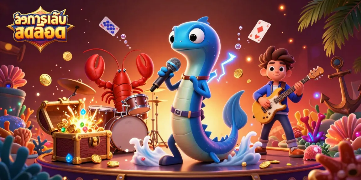 Engage in ทดลองเล่นสล็อต with colorful underwater elements, featuring an electric eel DJ and a lively casino scene.