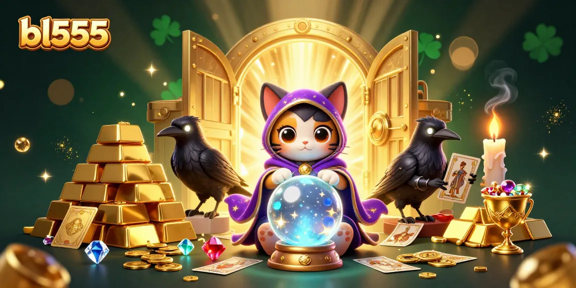 Experience thrilling gaming at bl555 with vibrant illustrations of fortune tellers and treasures.
