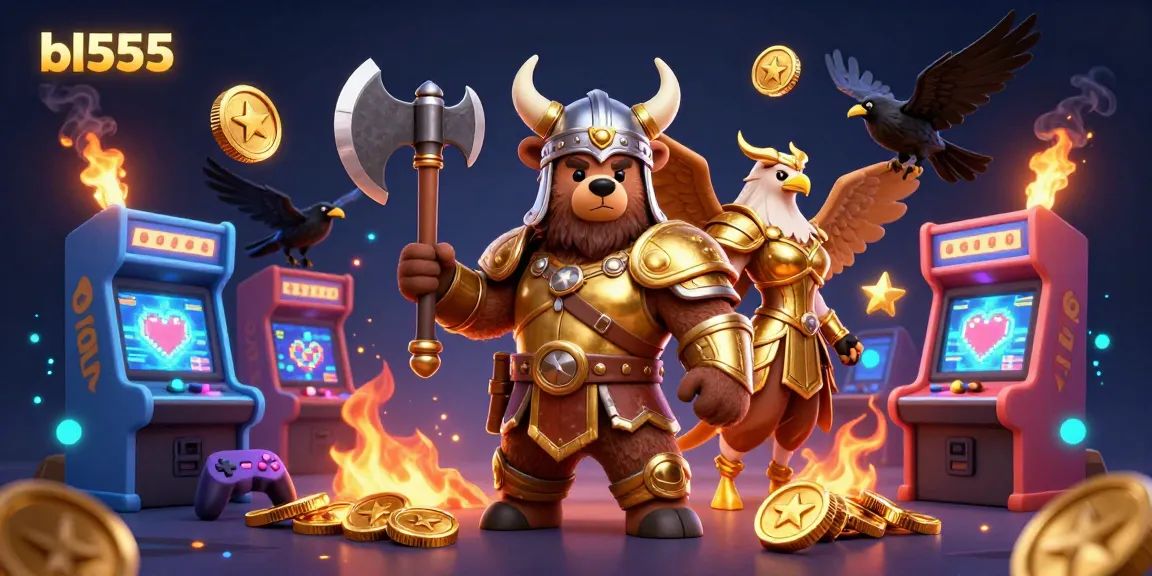 Engage with bl555's vibrant gaming scene featuring a Viking bear, Valkyrie eagle, and casino elements.