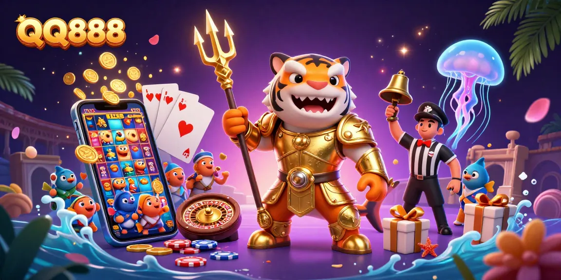 Engage with thrilling QQ888 slot games amidst underwater excitement with a gladiatorial tiger shark.