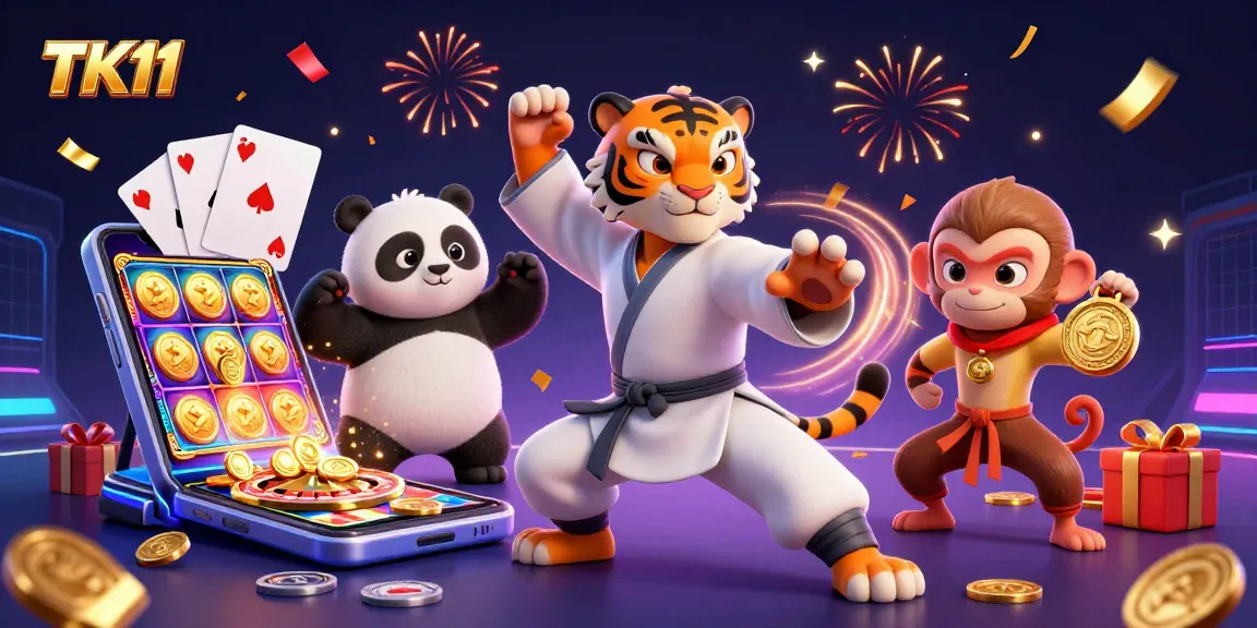 TK11 engages players with a vibrant 3D casino scene filled with games and excitement.