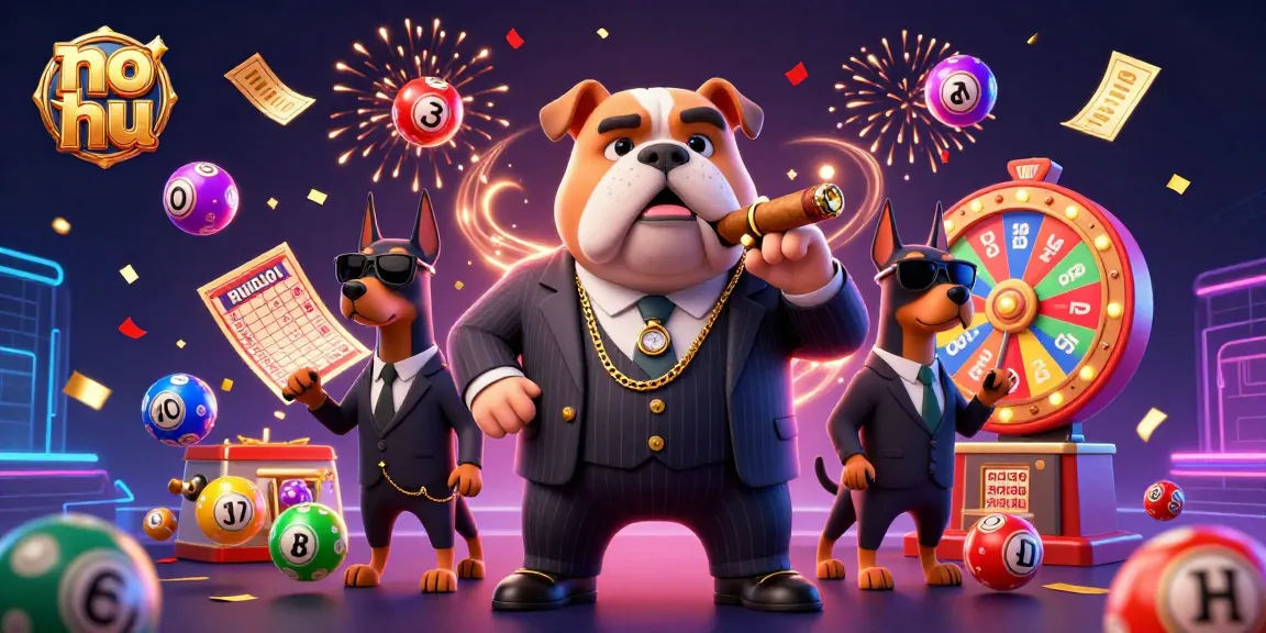 No hu showcases a vibrant 3D scene with a mafia bulldog and Doberman bodyguards amid dynamic lottery elements.