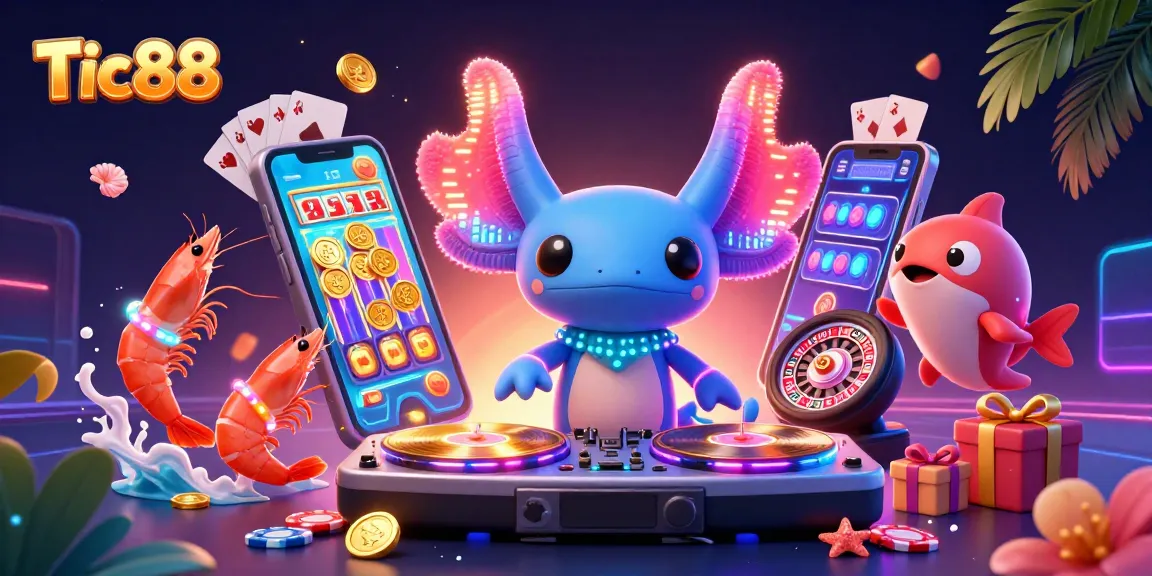 Tic88 features a neon-colored axolotl DJ spinning records at an energetic underwater casino party.