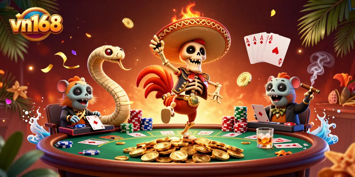 Experience the vibrant celebrations with vn168's casino scene featuring a dancing skeleton and gold coins.