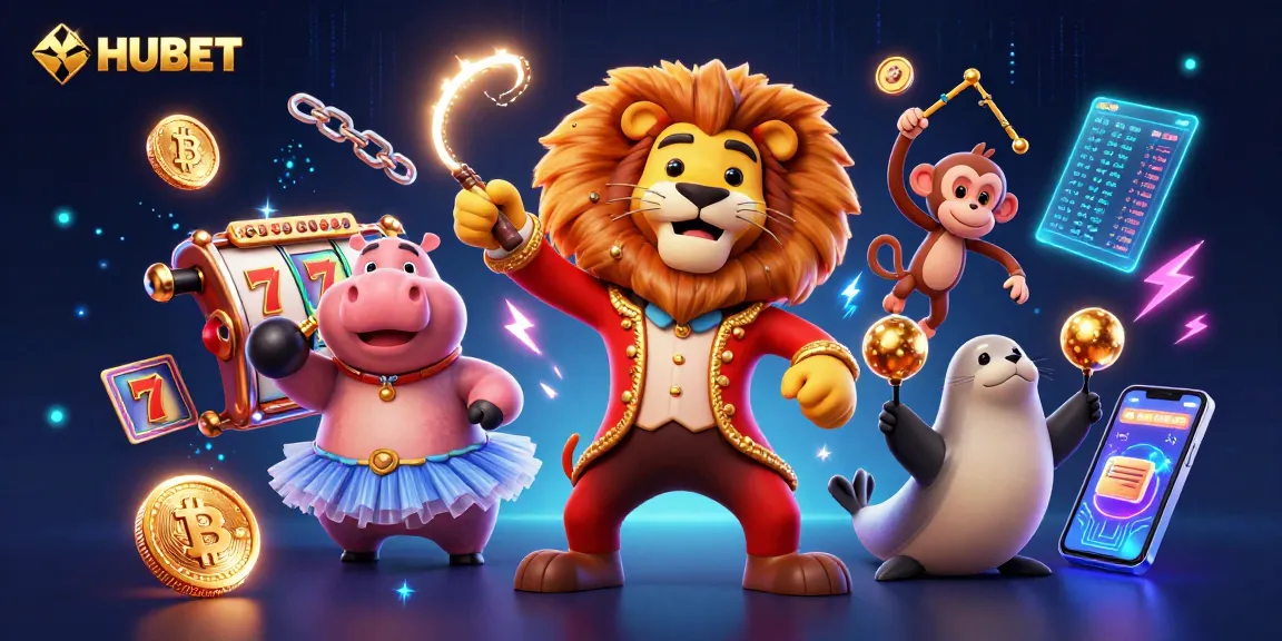 Experience thrilling slots at HUBET with colorful characters and crypto-themed elements, capturing the casino excitement.