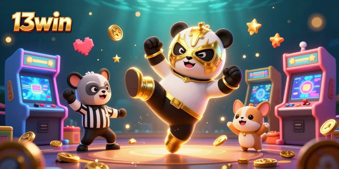 Engage with 13win in this vibrant casino scene featuring a panda wrestler and animated game elements.