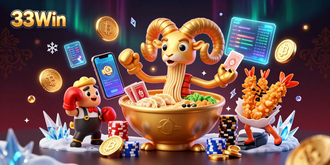 Experience the thrilling world of 33Win, featuring a giant ramen bowl dealer and crypto elements.