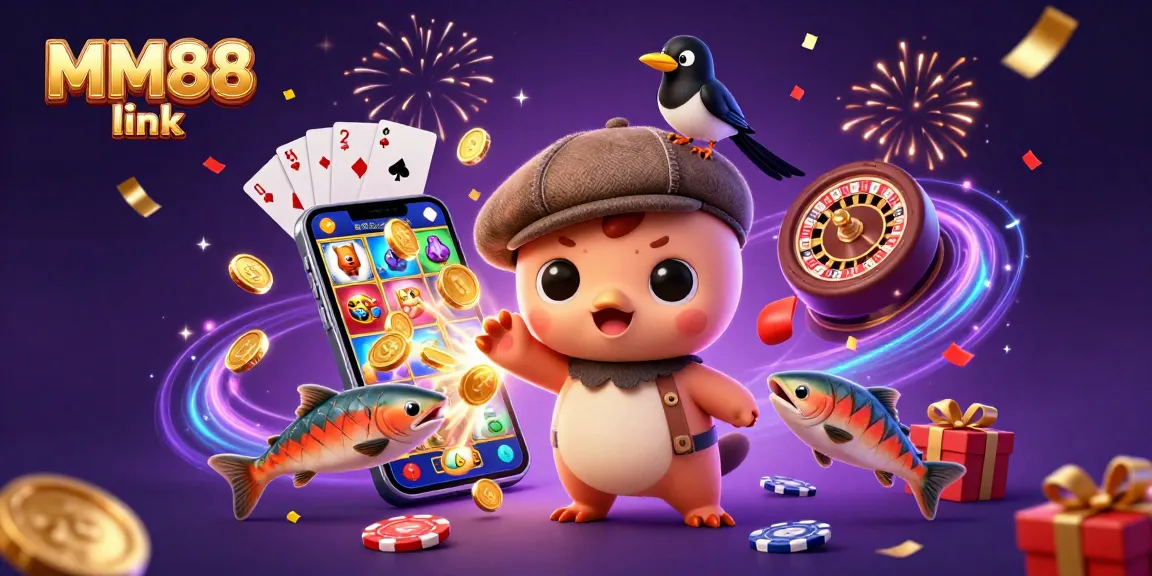 Win big with MM88 link - vibrant 3D illustration of casino elements with Nessie and friends.