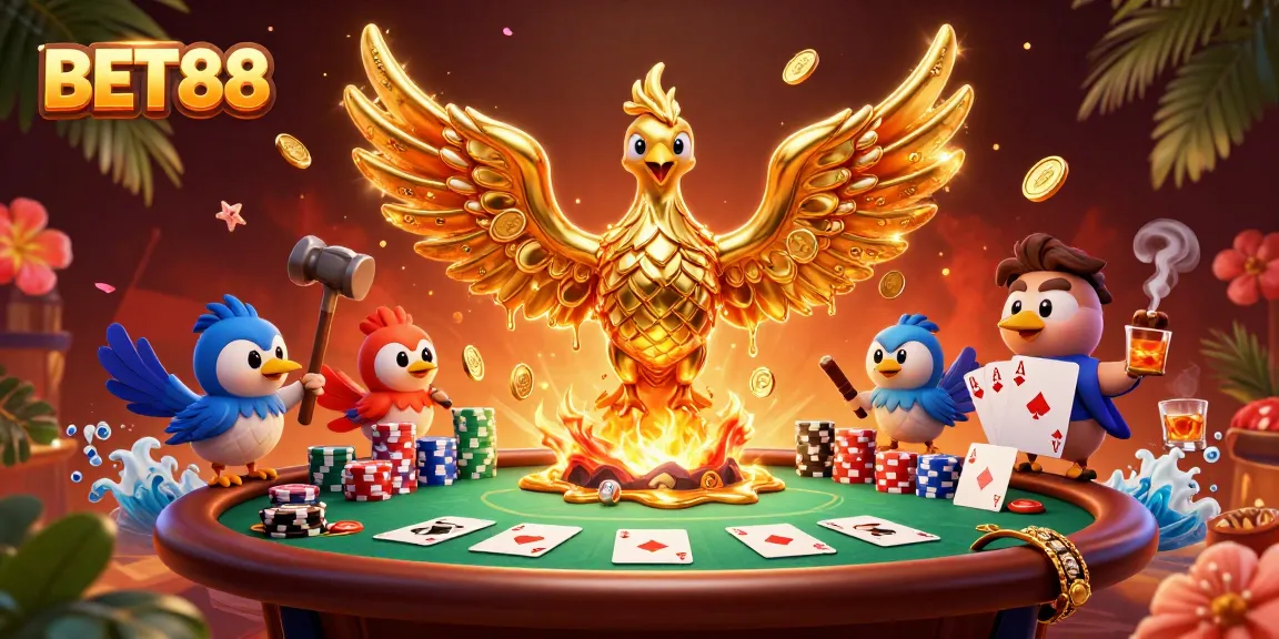 Experience the thrill of BET88 with vibrant casino action, featuring a golden phoenix and poker elements.