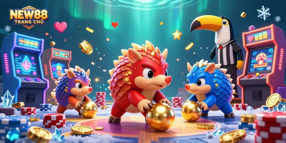 Engage with the thrilling NEW88 TRANG CHỦ experience featuring rival pangolins in an exciting casino-themed scene.