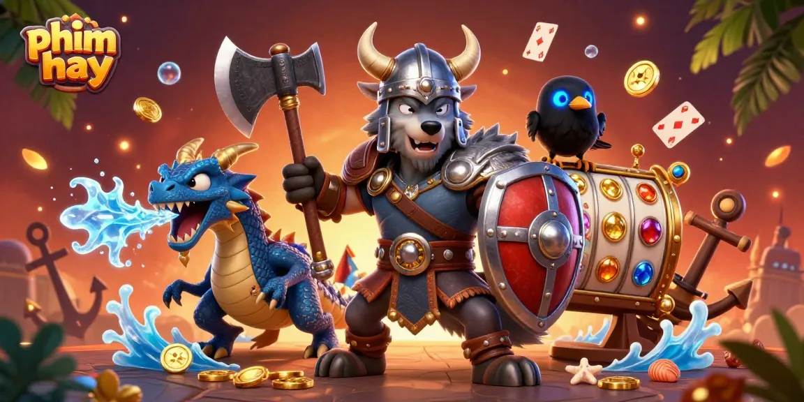 Spin the reels of phim hay with a Viking wolf and dragon in this vibrant casino illustration.