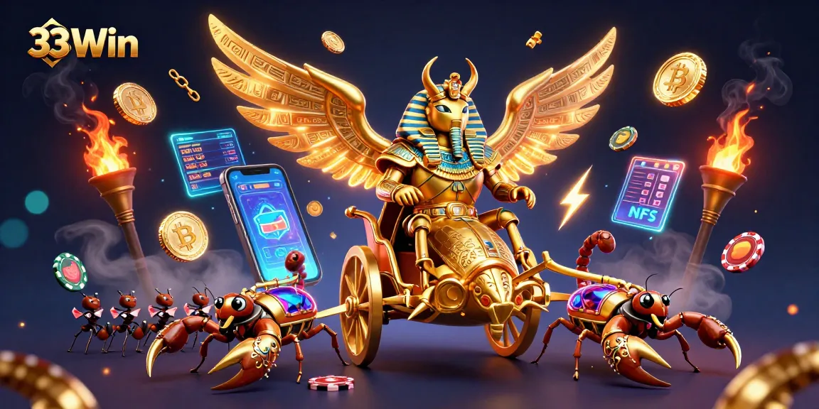 Experience 33Win excitement with vibrant 3D casino elements and characters in a dynamic digital illustration.