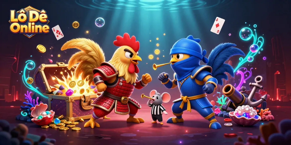 Lô Đề Online: Captivating 3D illustration of rooster fighters amidst casino treasures and vibrant casino-themed elements.