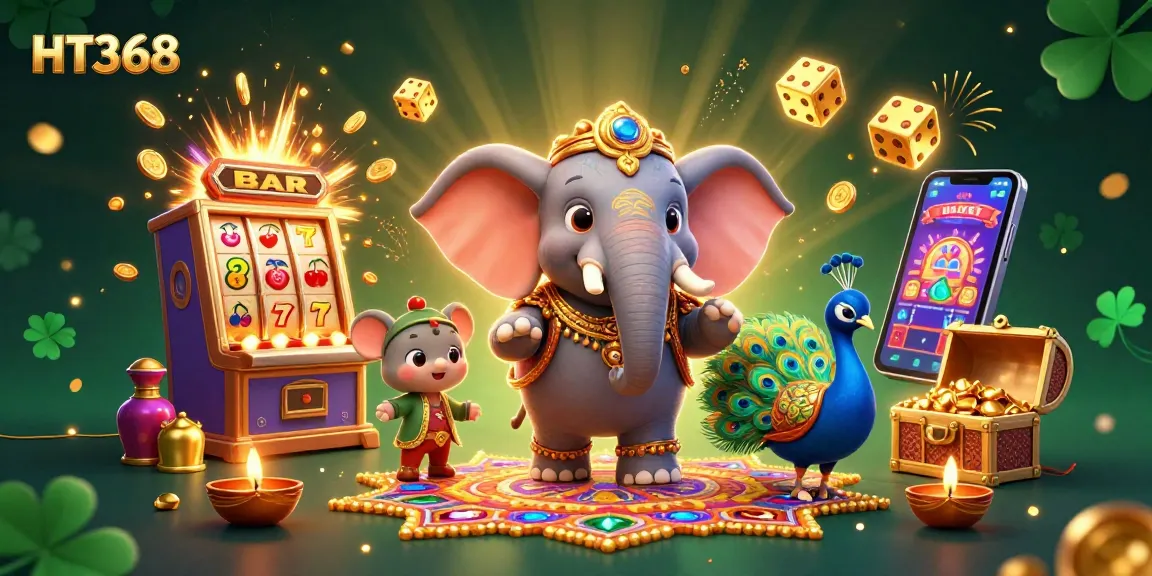 Engage in thrilling gameplay with HT368's vibrant 3D casino scene featuring festive elements and exciting game symbols.