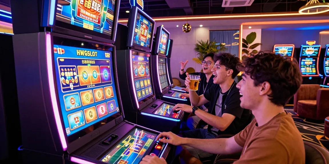 Exciting gaming atmosphere featuring HWGSLOT terminals and players in a lively casino