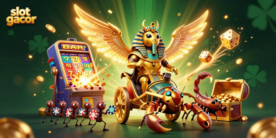 Experience slot gacor excitement in this vibrant 3D casino illustration featuring a golden beetle and scorpions.