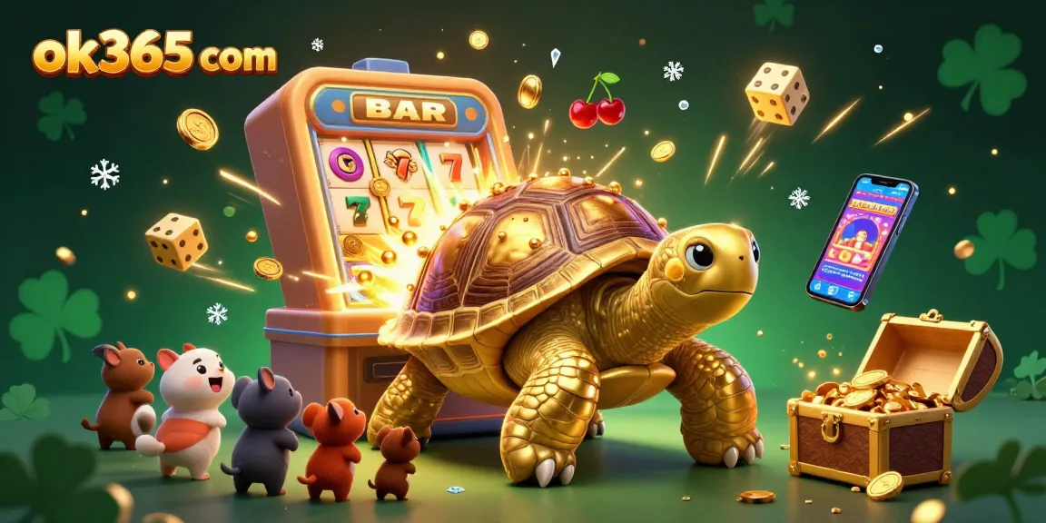 Experience gaming fun with ok365 com featuring a golden tortoise and slot machine bursting with excitement.
