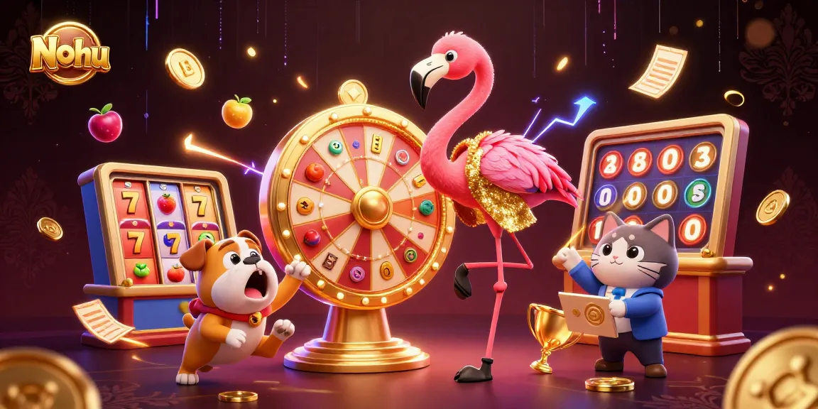 Nohu jackpot slot scene with a flamingo host, bulldog contestant, and animated casino elements.