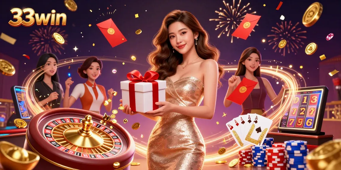 Win big with 33win as gorgeous Asian woman welcomes fortune with sparkling treasures in a casino.