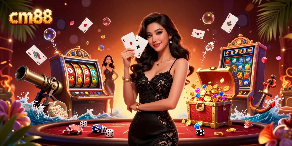 Experience cm88's thrilling casino action with a stylish Asian woman holding ace cards.