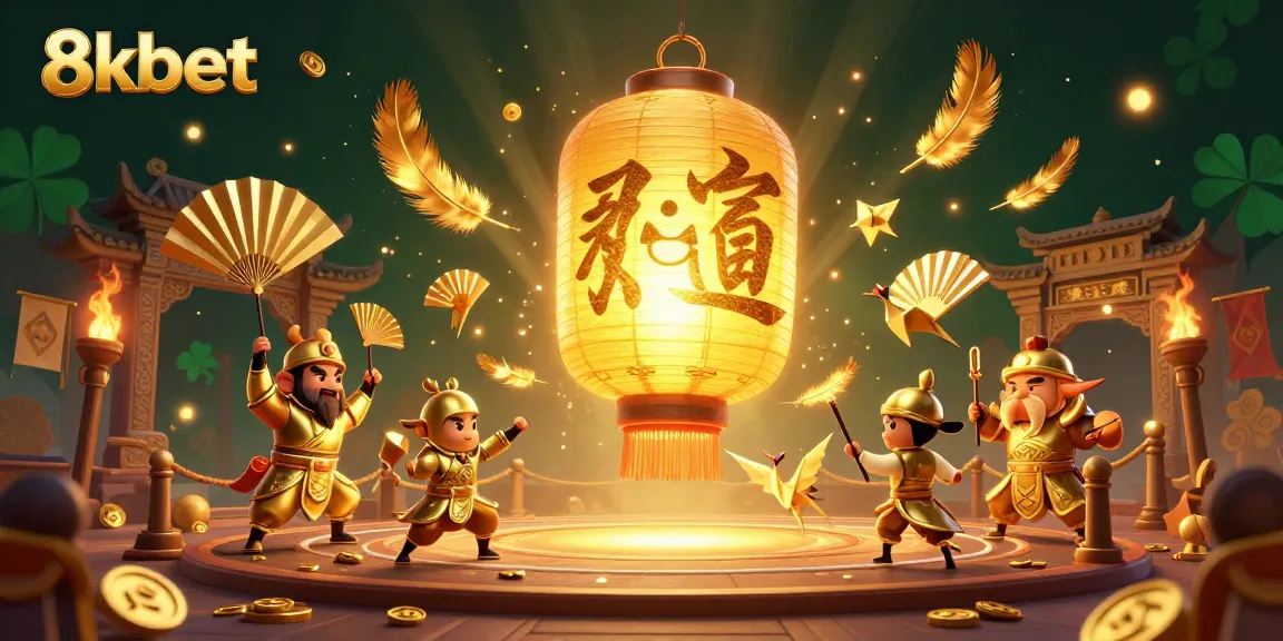 Play thrilling games at 8kbet, featuring a vibrant scene of golden lanterns and lucky symbols.