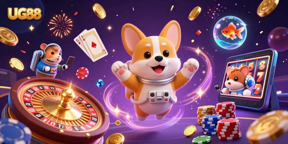 Experience the thrilling fun of UG88 with dynamic casino elements in a vibrant space casino scene.
