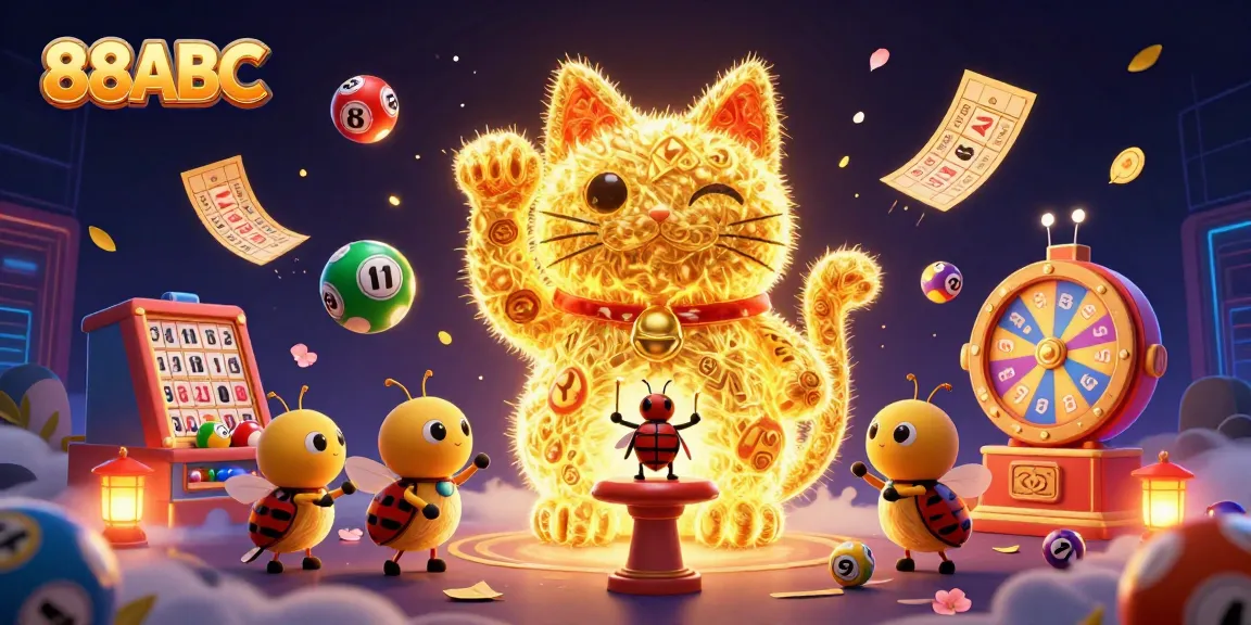 Engage with 88ABC's vibrant online bingo world featuring animated golden lucky cat and dynamic lottery elements.