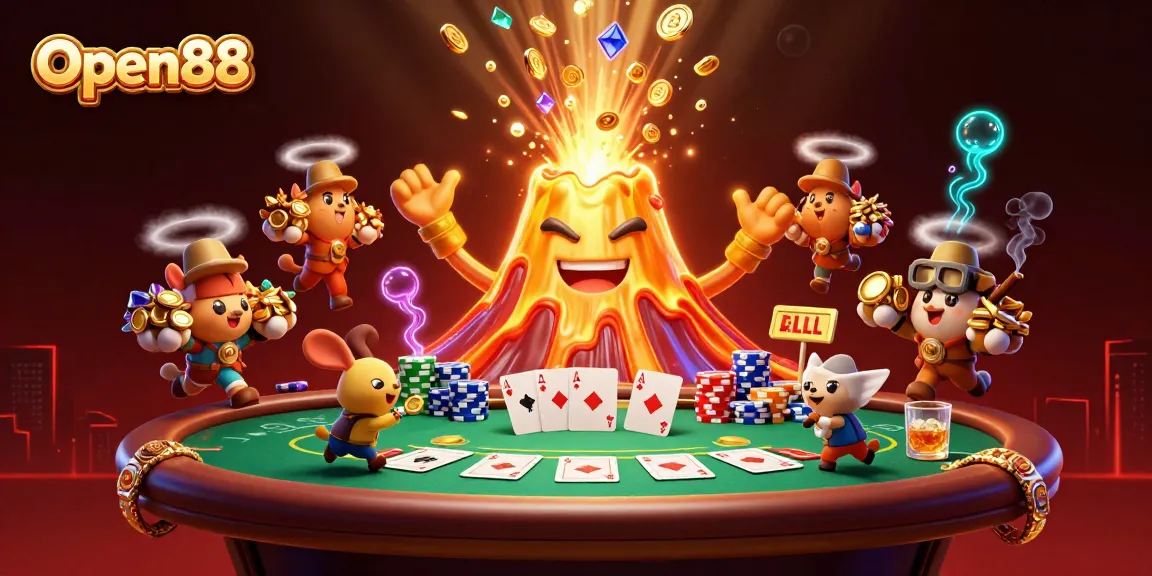 Open88 players enjoy a vibrant casino scene with golden volcano, treasures, and thrilling poker tables.