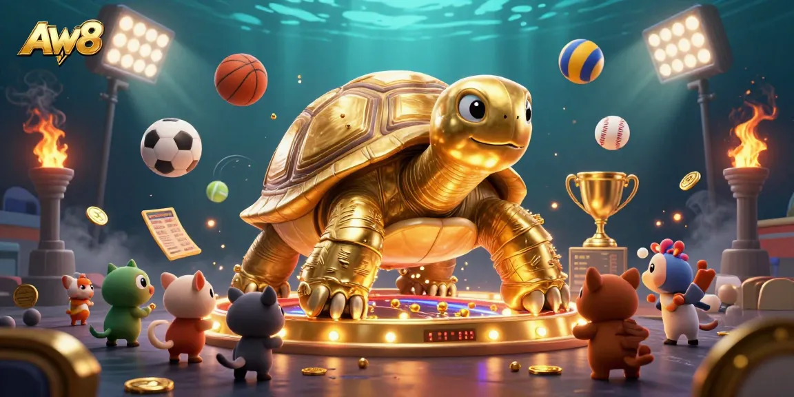 AW8 showcases an energetic casino scene with a tortoise pinball machine and sports elements.