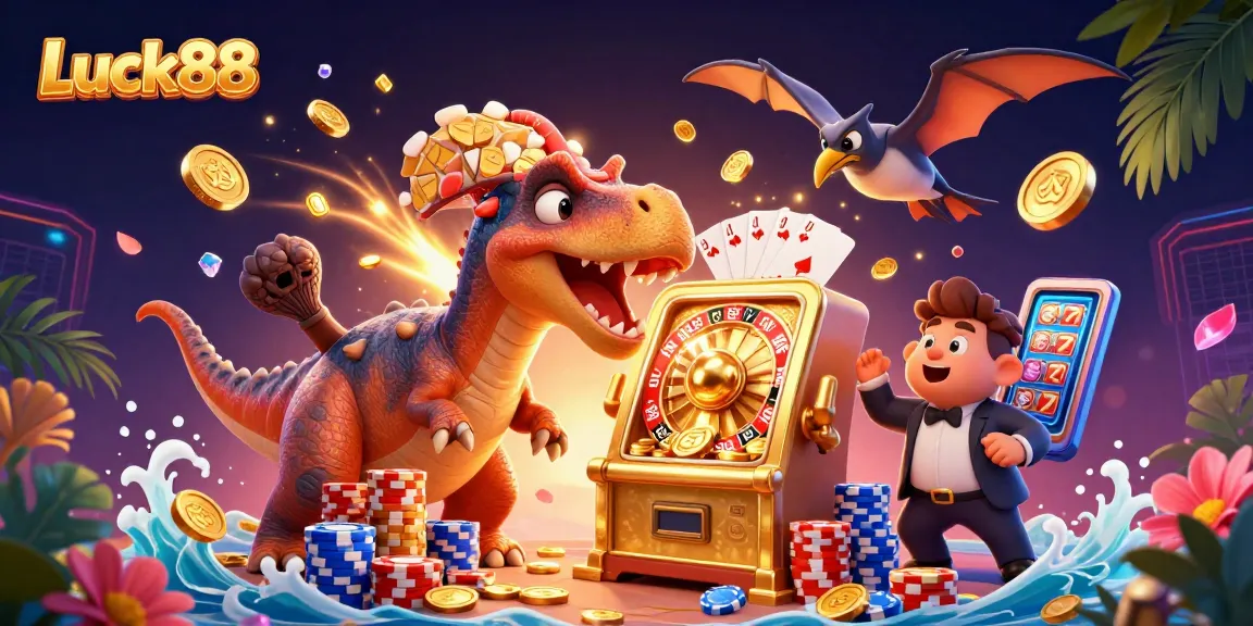 Experience Luck88 with a pachycephalosaurus jackpot scene featuring coins and vibrant casino elements.