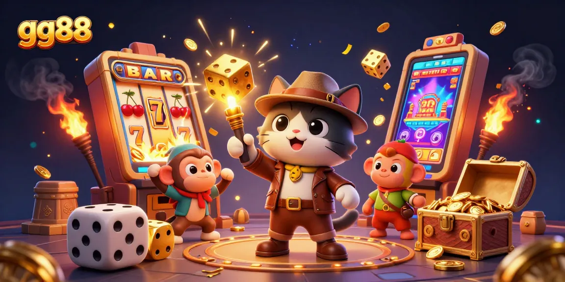 Experience thrilling wins at gg88 as cartoon explorers discover golden casino treasures amid vibrant slot machines.